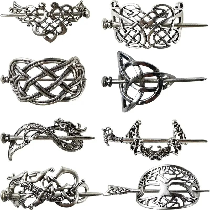 Women's 8PCS 3.35in Retro Silver Viking Celtic Metal Hair Clips - Thick/Curly Hair Gentle Hold, Female Birthday Party/Wedding Photo Comfy Long-Wear Minimalist Barrettes, Friends Gift Charm Accessories