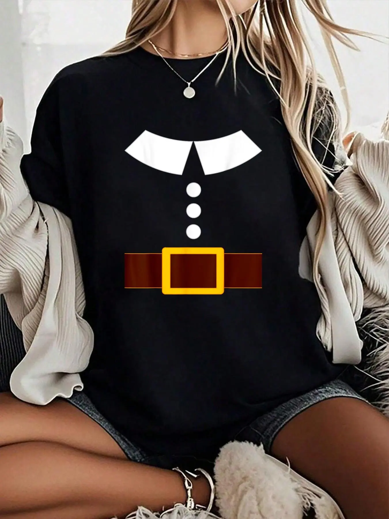 Women's 100% Soft Cotton Short Sleeve Pilgrim Graphic T-Shirt - Round Neck, High-Def Digital Print, Loose-Fitting, Breathable, Comfy, Cute Everyday Casual Party Top, All Seasons, Unisex Turkey Day Option