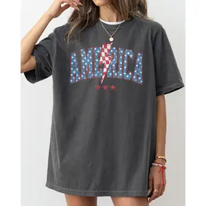 America, Retro, Lightening Bolt, USA, Patriotic, Independence Day, Fourth Of July, 4th Of July Tshirt, Women's, Comfort Colors Tee, Patriotic, Independence Day, Fourth of July, 4th of July, America, USA Cotton Top