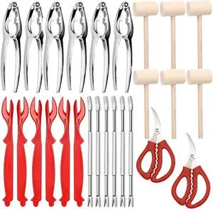 26 piece seafood tool set, complete set of crab and lobster shell opening tools, including crab clamp, meat picking needle, seafood cutter, wooden hammer, suitable for outdoor camping and beach picnicking