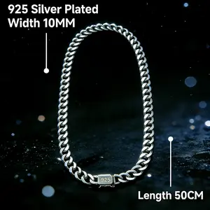 Premium 925 Silver Plated Cuban Link Chain, 10MM Width, 50CM (19.69") Length, Men's Everyday Wear Chain, Perfect Fit, Sturdy & Bold Men's Hip Hop Jew