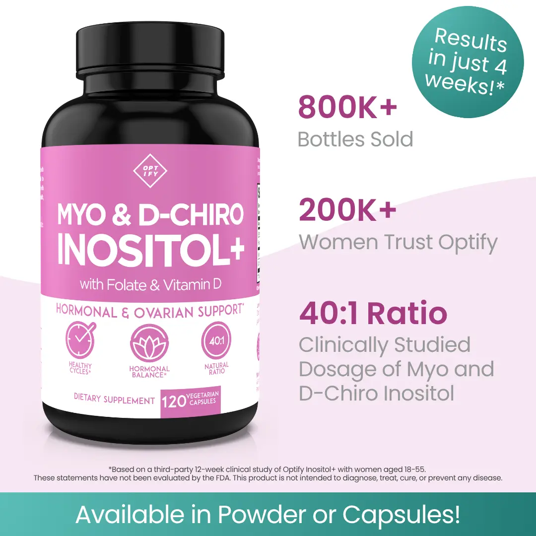 Optify Myo-Inositol & D-Chiro Inositol 40:1 Dietary Supplement with Folate, Vitamin D - 120 Capsules for Women's Hormonal Wellness, Ovarian Support, Metabolism