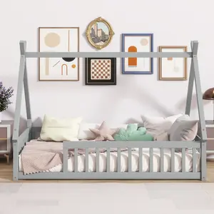 Twin Tent-shaped Floor Bed,Teepee Bed with Guardrails,Slats,Grey