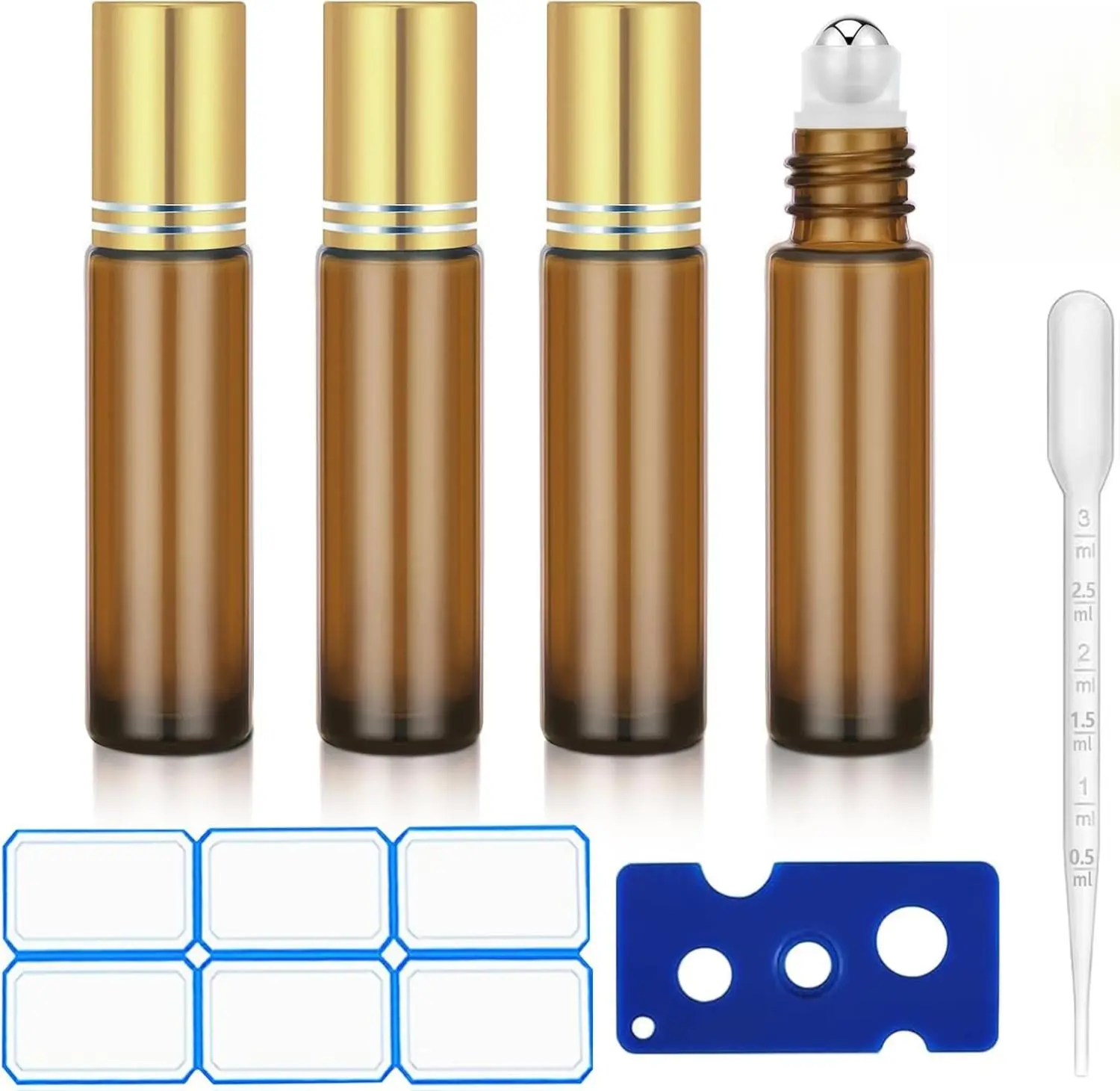 Roll-On Bottles 4-Pack, 10ml Reusable Amber Glass Vials with Stainless Steel Roller Balls - Leakproof & Refillable for Perfume Oil, Lightweight, Compact, Multi-Pack, 4 Pack Of 0.34 Oz (10Ml) Essential Oil Roller Bottles - Refillable, Leak-Proof Amber Glas