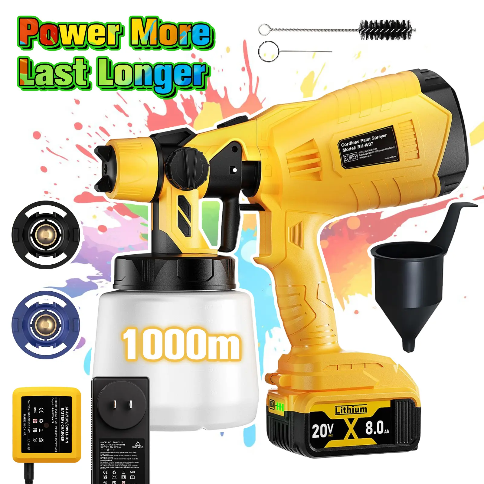 Outdoorfun Cordless Paint Sprayer for Dewalt 20V MAX Battery, 30000RPM HVLP Spray Gun with 2 Copper Nozzles & 3 Spray Patterns, Ideal for Water-Based Paints, Perfect for Furniture, Home Walls & DIY Projects