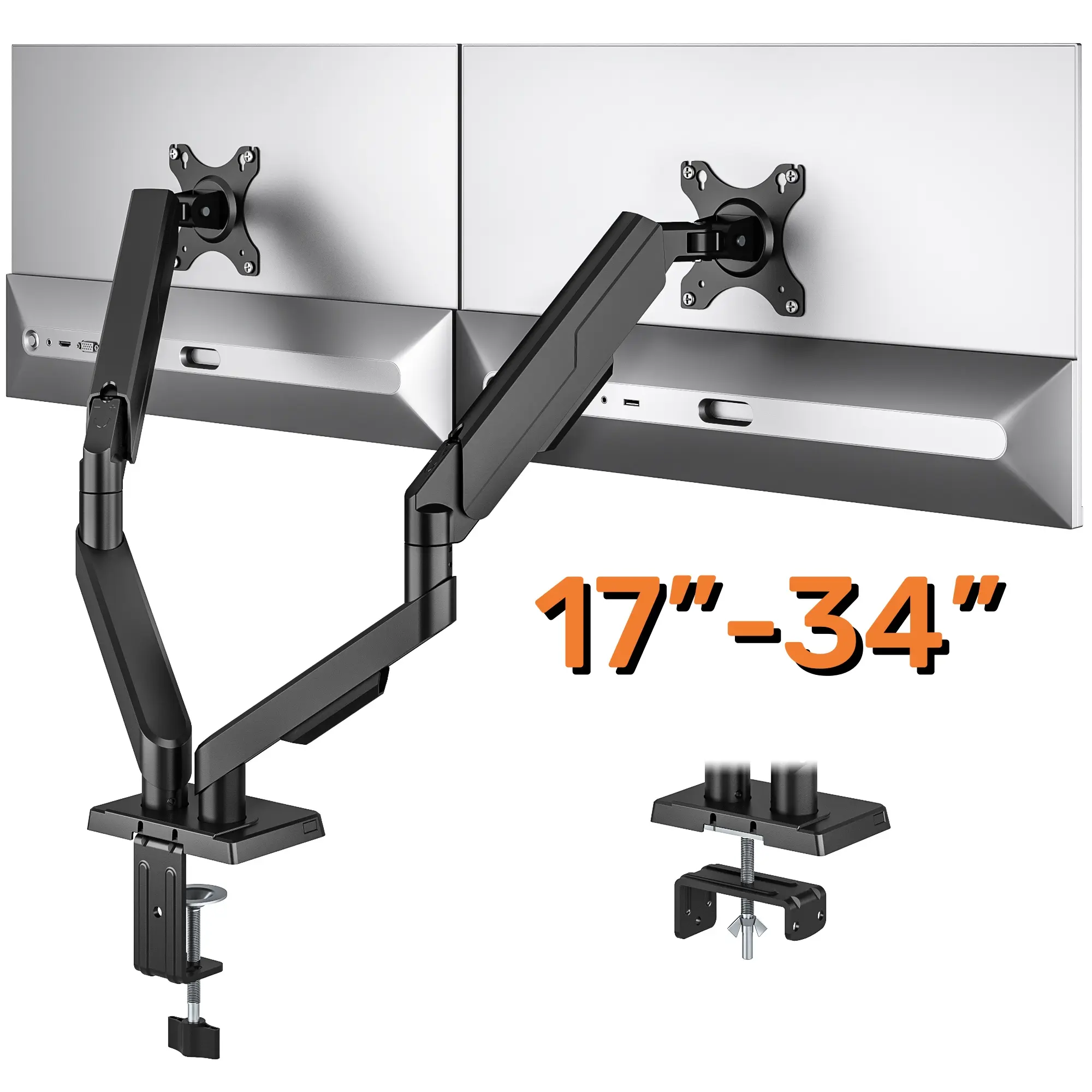 Dual monitor stand and monitor arm desk stand - Suitable for maximum 17-34 inches, fully adjustable heavy-duty monitor stand, ergonomic VESA installation, with C-type clamp/strap base, supporting cable management