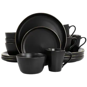 Elama 16-Piece Stoneware Dinnerware Set in Blac k with Gold Ri