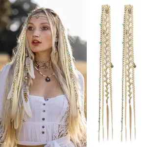 HMD 2PCS Boho Dreadlock Clip in Braids, Viking Hair Extensions 16/20 Inch Synthetic Braided Hair with Beads and Charms for Women Cosplay