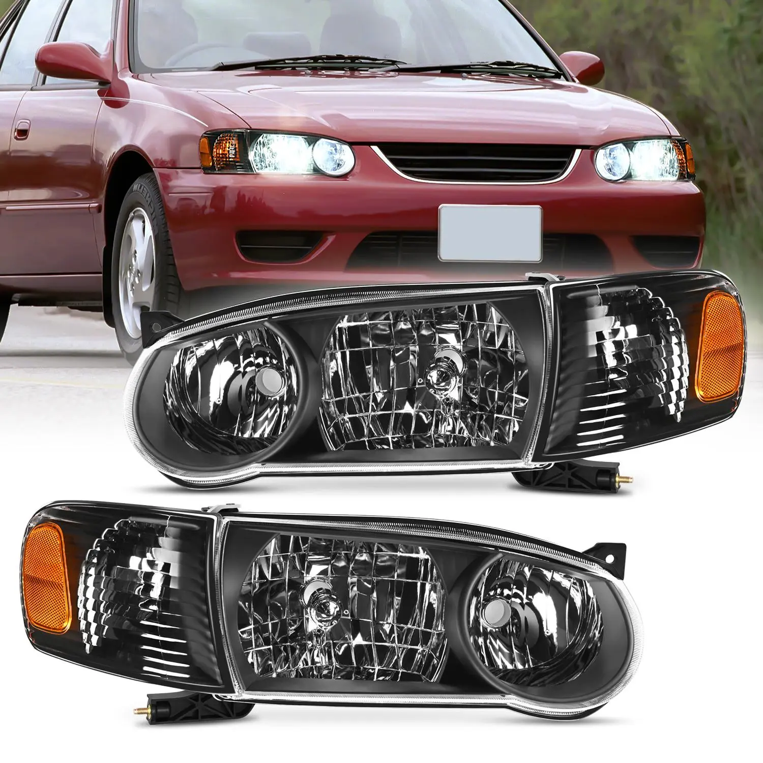 Nilight Headlight Assembly Compatible with 2001 2002 Toyota Corolla Replacement Headlamp Black Housing Amber Reflector Driver and Passenger Side