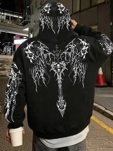 Dark Metal Gothic Rock Hoodie Sweatshirt, Skull Cross Print, High Street Loose Fit, Casual Style, Spring & Fall Fashion, Letter Pattern