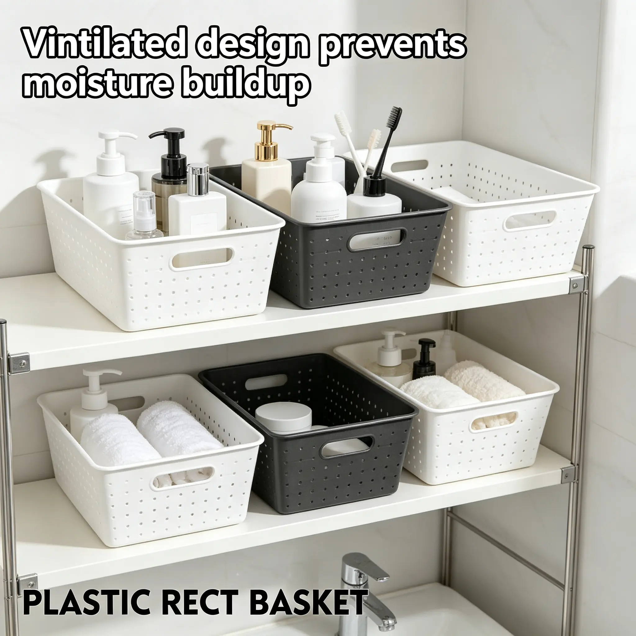 Durable Plastic Rectangular Storage Basket - Lightweight, Ventilated, Handle-Equipped 1-Pack Random Color Organizer Bin for French Country Home, Bathroom, Books Organization (Beauty & Closet Use Included)