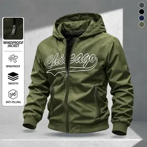 Men's Casual Hooded Jacket Features lettering print design with zippered pockets Windproof and abrasion-resistant outer shell Ideal for outdoor activities and everyday wear Durable outdoor apparel Stylish long-sleeve outerwear Coats Menswear jean jacket