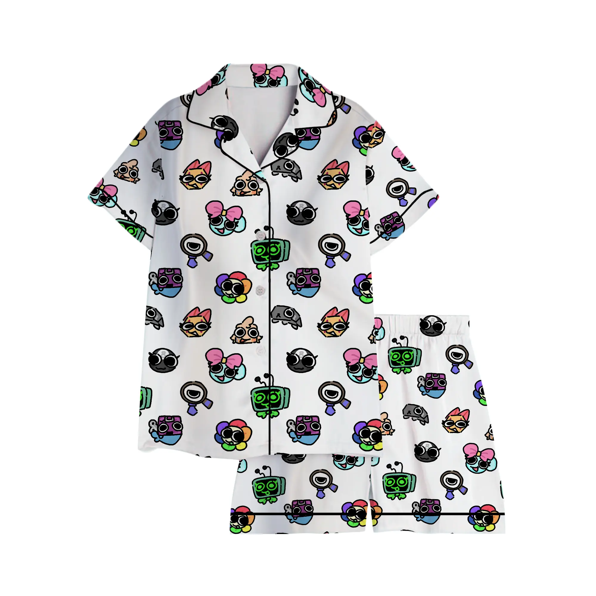 Dandy’s World Characters Faces Print Pajama Set for Women Men – Short Sleeve Button Down Shirt and Shorts – Cute Cartoon Loungewear Sleepwear – Unisex Summer Casual Homewear Outfit