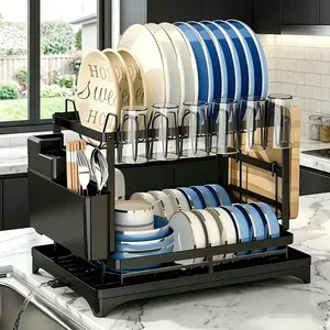 Dish Drying Rack Carbon Steel Rustproof  Adjustable Spout Drainboard Utensil Holder Knife Slots Kitchen Counter Organizer Easy to Install