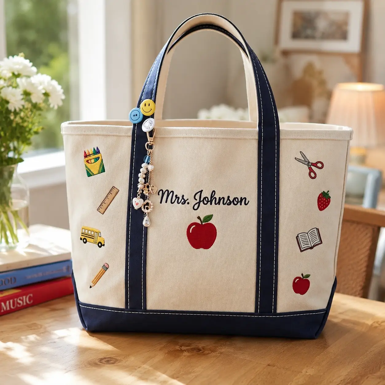 Personalized Teacher Tote Bag, Embroidered School Icons Canvas Bag, Custom Name Teacher Appreciation Gift, Back to School Gift
