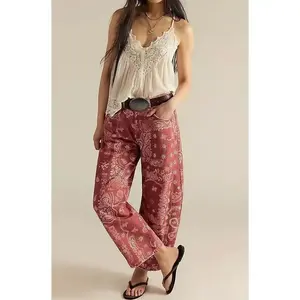 Women's boyfriend loose round bucket jeans printed denim ankle pants wide leg mid waist jeans sports pants patchRAIMENTRY
