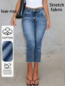 Women's Denim Capri Pants, High Waist, Fitted, Fringe Design, Button Fly, All Seasons, Elegant Style, Perfect for Casual Wear