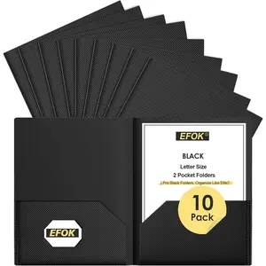 10 Pack Heavy Duty Black Plastic Folders with 2 Pockets Textured Light Luxury File Folders with Business Card Slot Letter Size Filing Supplies for Back to School & Office Organization