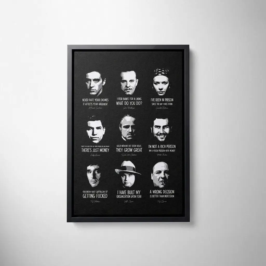 Classic Gangster Movie Characters Famous Quotes Canvas Wall Art | Black White Mafia Godfather Scarface Sopranos Quote Framed Poster Man Cave Decor For Men