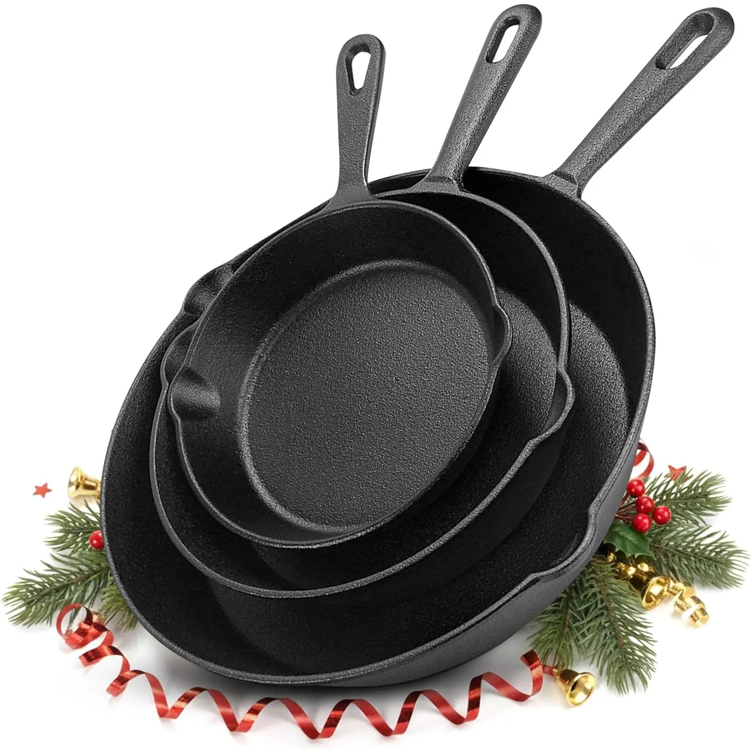 Pre-Seasoned Multi-Size 3-Piece Cast Iron Cookware Set - 6, 8, 10 in Skillets with Chef's Pan, Oven-Stove-Campfire Compatible, Oven-Safe Black Cast Iron Pans, Compatible With Oven, Stove & Campfire