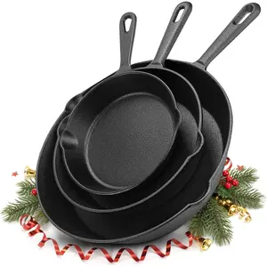 Kitchen Cast iron Skillets 3 Piece Set, Chefs Pan, Pre Seasoned Cast iron Skillets, 6, 8 & 10 Inches, Easy Use in the Oven, Stove, Grill, or Campfire, Black