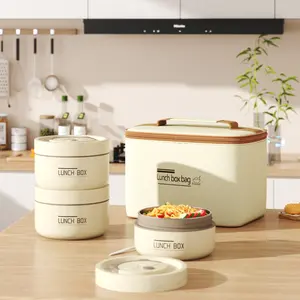 4 Pcs Insulated Bento Box Set Portable Stainless Steel Round Microwave Safe Stackable Leakproof Thermal Food Container for Adults with Beige Insulated Bag