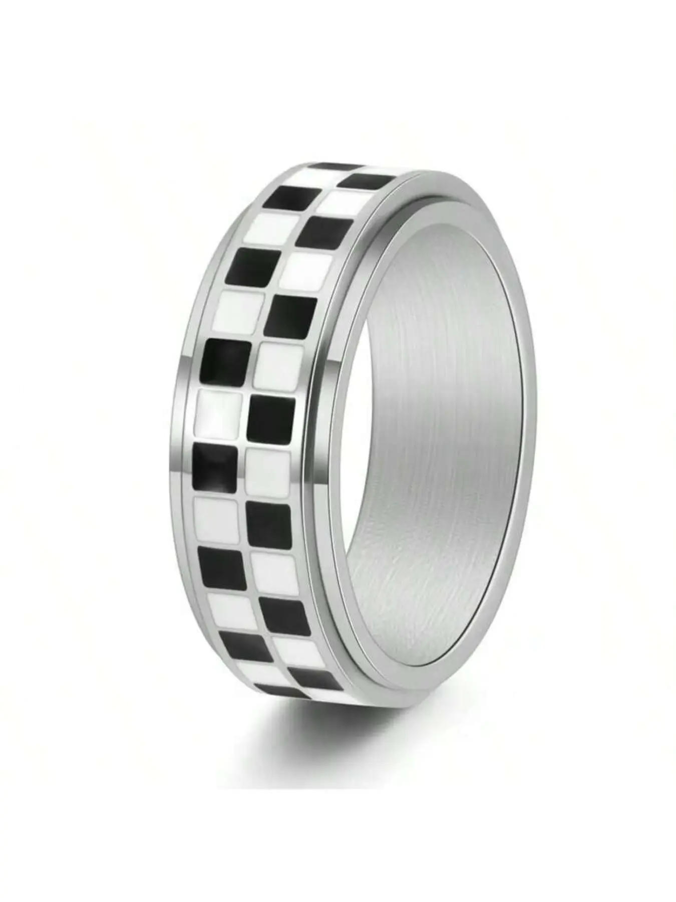 Checkered Pattern Fidget Ring for Adults, Unisex Appeal, Plated Stainless Steel, Casual Style, All Seasons, Stress Relief Jewelry, Fashion Rings, Finger Rings