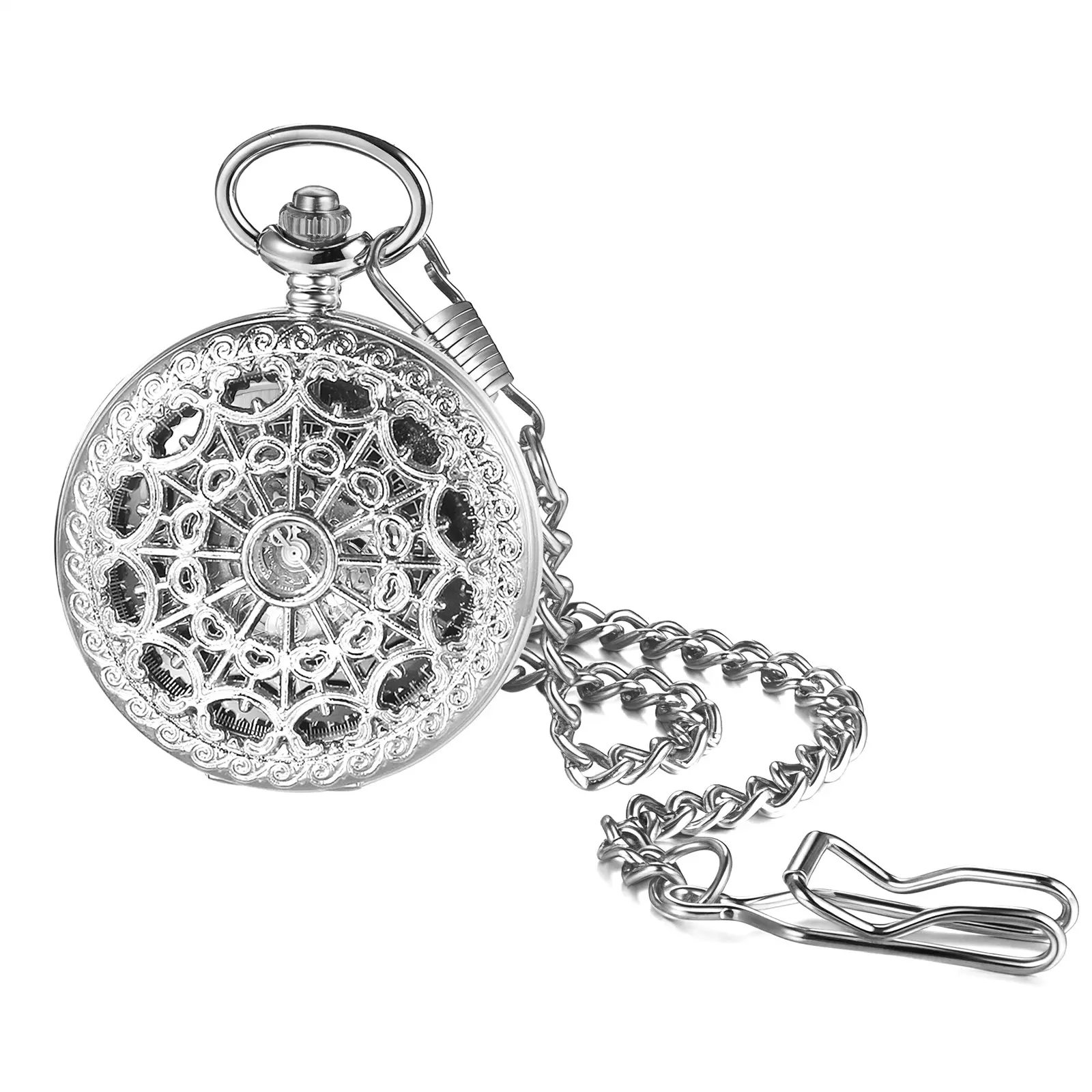 OIDEA Men's Vintage Mechanical Pocket Watch, Skeleton Spider Web Alloy Metal Case, Automatic Self-Winding Analog Fob with Roman Numerals & 15" Chain, Unisex, Skeleton Dial, Analog Pocket & Fob Watches, Antique Pocket & Fob Watches
