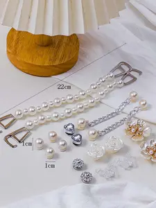 Set of 18 Silver Color Floral & Butterfly 3D Pearl DIY Shoe Decorations, Detachable Shoe Charms for Women's Shoes Accessories