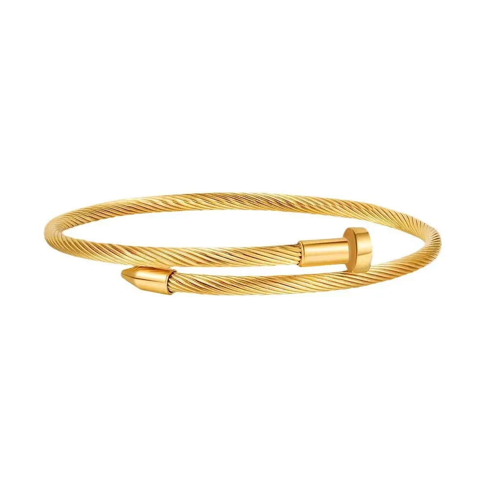 Stainless Steel Bangle for Women, Elegant Light Luxury Cable Wire Open Cuff with a Nail Head Design for Casual Daily Wear, Female, Fashion, Wire Rope Bracelet Gold, Adults, Casual Wear