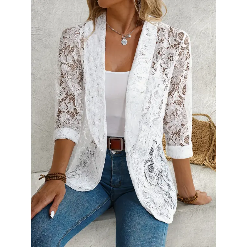 Women's Floral Lace Blazer, Chic Open Front Long Sleeve Jacket, Elegant Regular Fit Polyester Fabric for Dressy Occasions, Lady, Longsleeves
