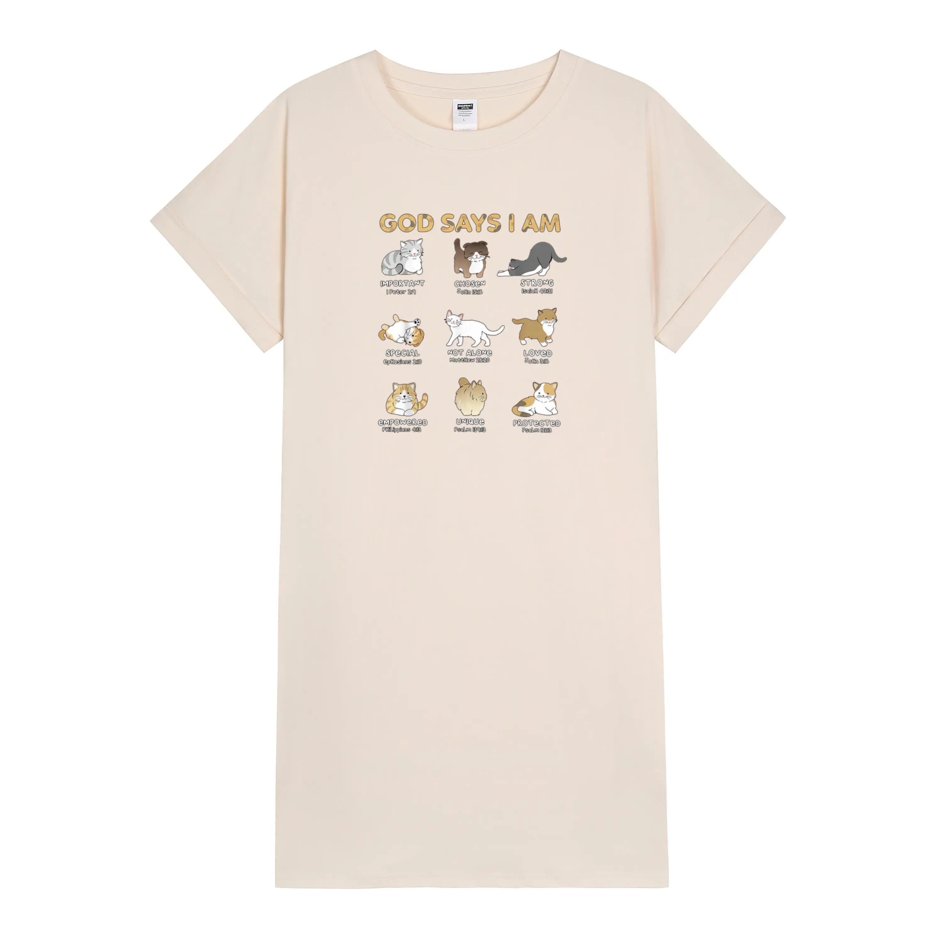 Cute Cat Lover’s T-shirt Dress with Bible Verse – 'God Says I Am' Inspirational Christian Apparel