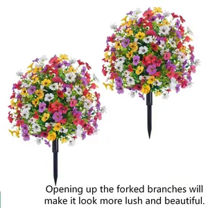 UV Resistant Artificial Shrubs with Ground Stakes, 2 Sets, Outdoor Fake Plants for Garden, Yard, Porch & Home Decor, Faux Outdoor Flowers