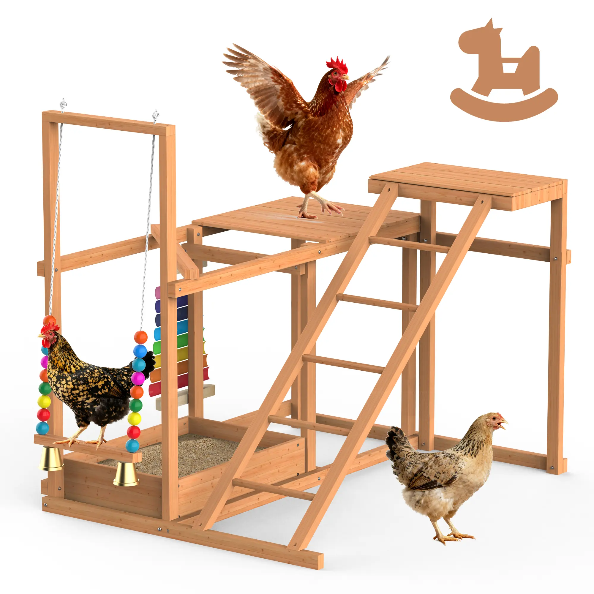 Gojooasis Chicken Coop, Chicken Perches with Swing Toy & Ladder & Platforms & Food Storage, Poultry Coop Cage Accessory Toy Outdoor for Entertainment Backyard Farm