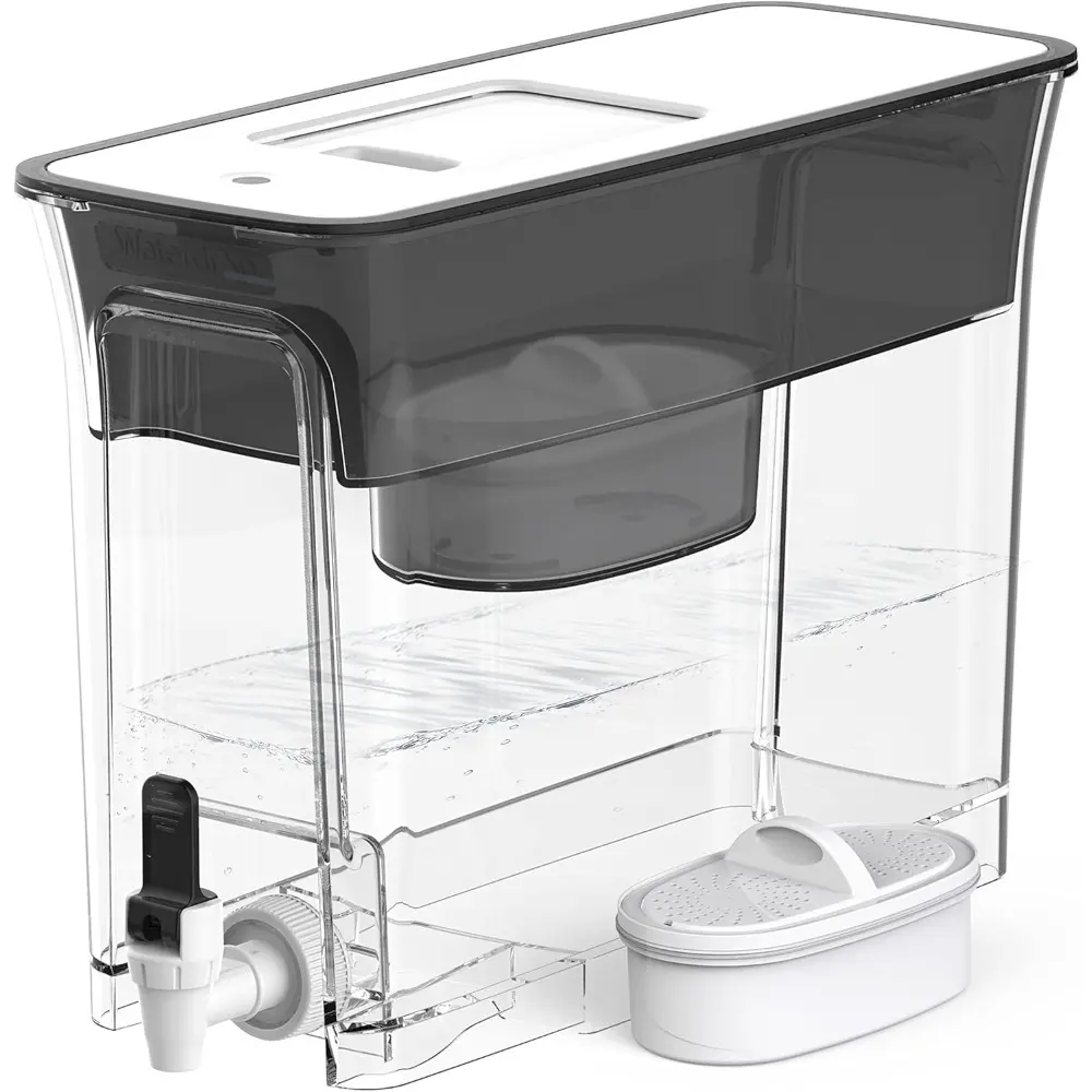 35-Cup Slim Water Filter Dispenser, Large Capacity Water Filter Pitcher, 200-Gallon Long-Life, 5X Lifetime, Reduces Chlorine, PFOA/PFOS and More, BPA Free, Black (with 1 Filter)