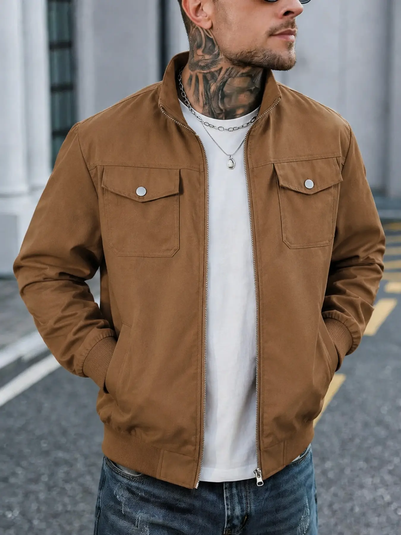 Men Stand Collar Utility Jacket  Snap Flap Pockets Ribbed Cuffs for Office Campus Casual Workwear Style