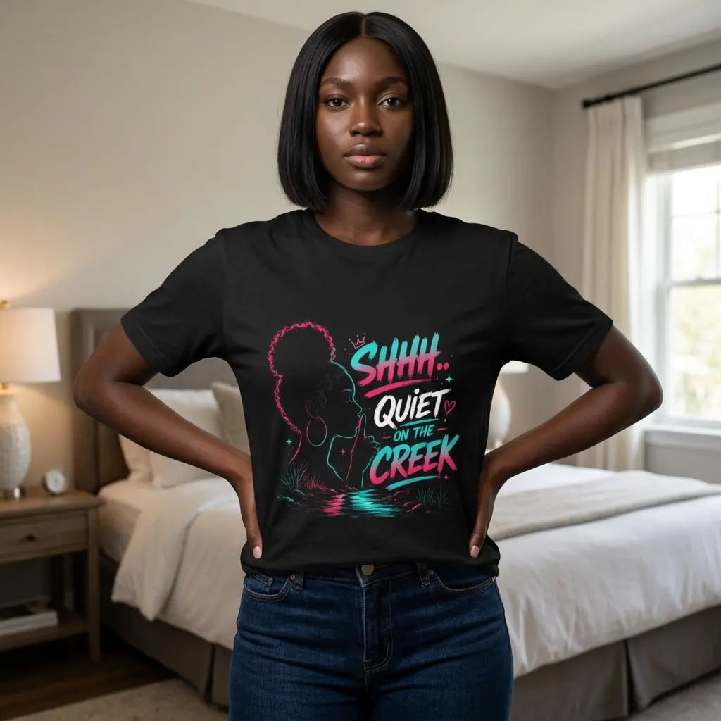 Women's "Shhh... Quiet on the Creek" T-Shirt - Retro Neon Afro Silhouette Casual Women's Top