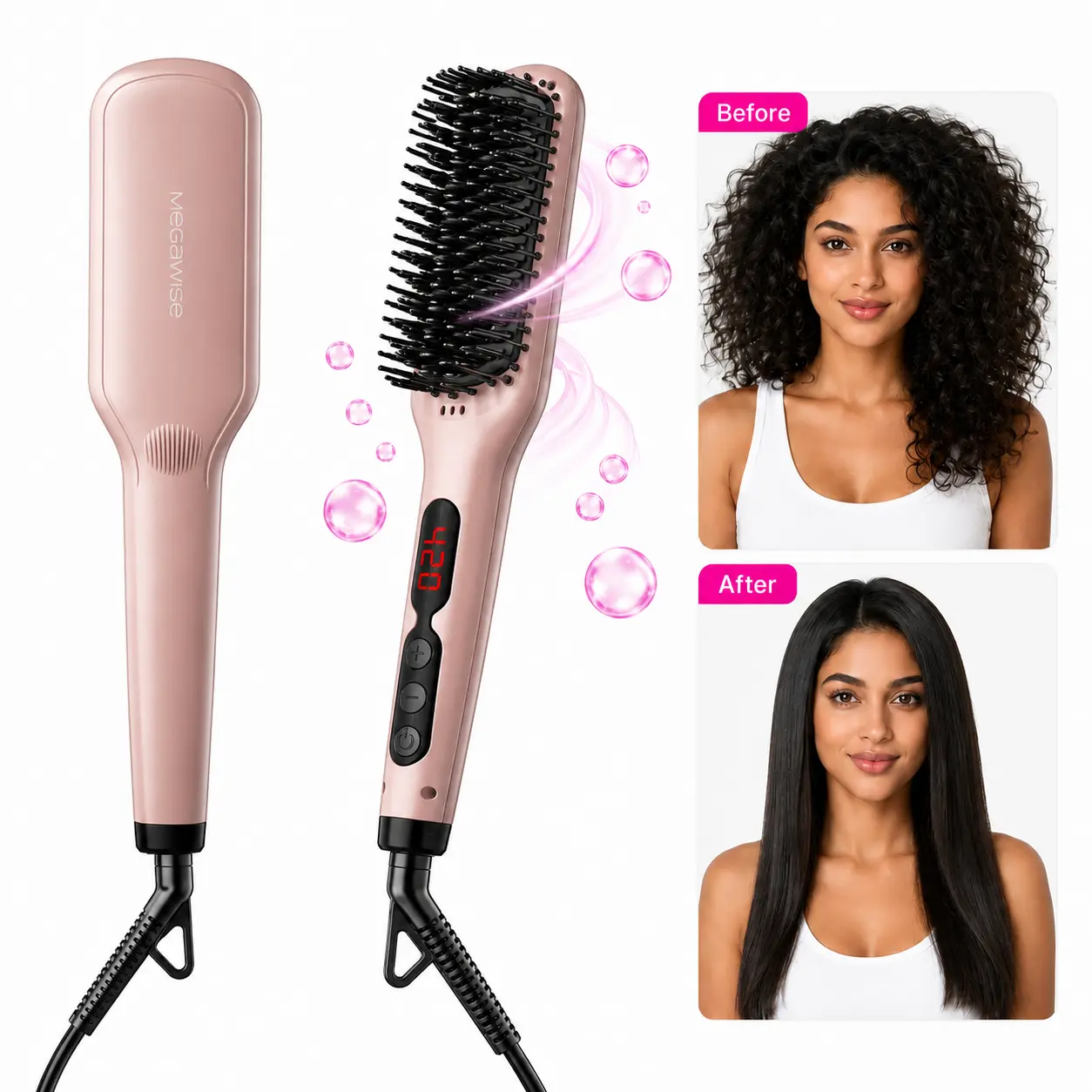 MegaWise Hair Straightener Brush KL1025-2-in-1 Ionic Hair Straightening & Detangling Brush with Adjustable Temperature,  Technology, and Auto Shut-Off - Ideal for All Hair Types sohochic