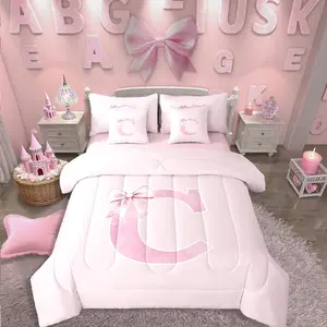 7 Pieces Initial Pink Bowknot Comforter Set,Coquette Monogrammed Bedding Set,Initial Letter C Birthday Gifts Bed in a Bag,Girly Unique Preppy Room Decor for Women Teen Girls(C)