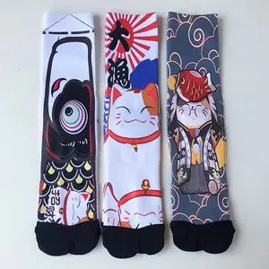 Japanese-style Split-toe Socks, Unisex Mid-calf Flip-flop Matching Socks, Cute Graffiti Printed Breathable Terry Sole Sweat-absorbent Antibacterial Socks