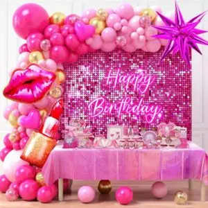 Hot pink birthday party decorations for girls women pink balloon garland arch kit with sequin backdrop tablecloth lipstick lip heart starburst foil balloons princess birthday party decorations