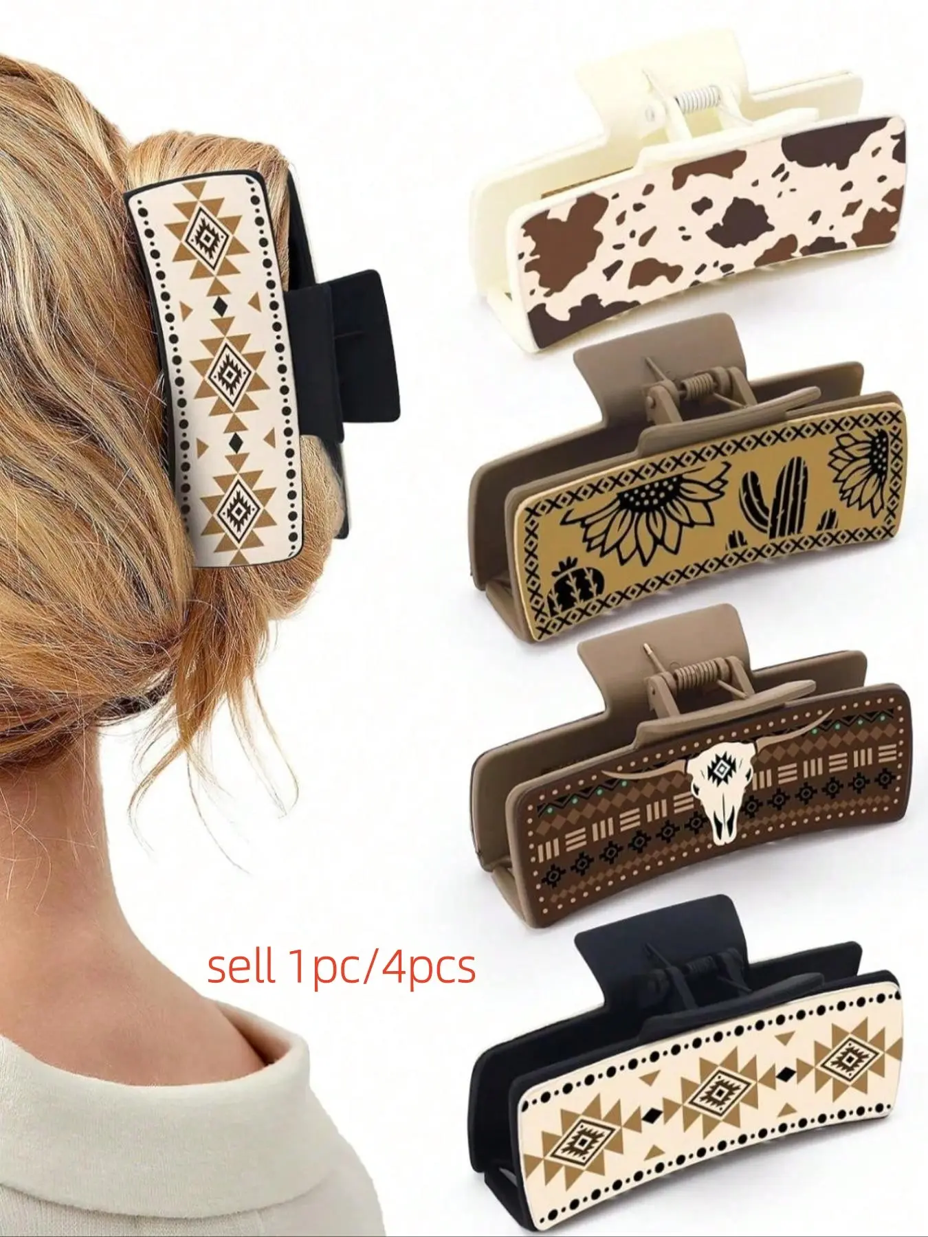 4pcs Western Leather Hair Claw Clips Sunflower Floral Square Claw Clips for Hairstyling Southwest Cow Print Cowhide Hair Accessories, Boho Hair Accessories, Large Hair Clips Western Cowgirl Stuff Gift for Women Girls Flat Claw Clips