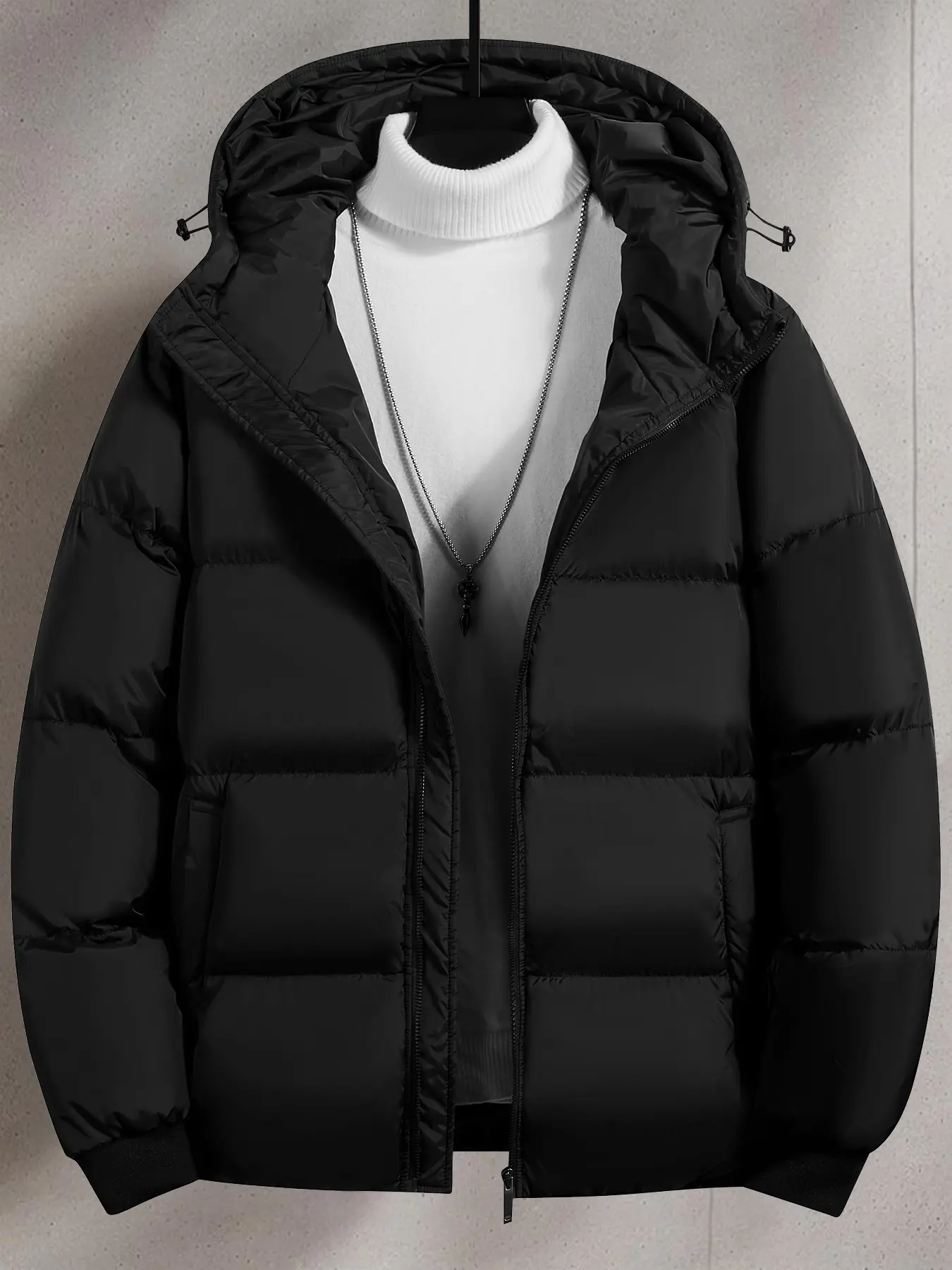 Men's Thick Warm Hooded Puffer Jacket - Longsleeves, Regular Fit, Zipper-Up, Padded, Plain, Casual Fashionable Jacket, Festive Christmas Winter Outerwear with Pockets (Beige, Black)