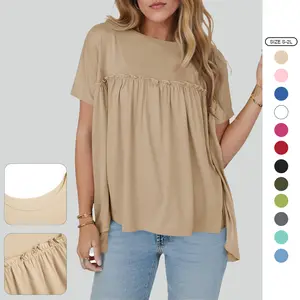 Imily Bela Womens Summer Babydoll Tunic Tops Pleated Short Sleeve Crew Neck Peplum T Shirts Casual Loose Fit Outfits