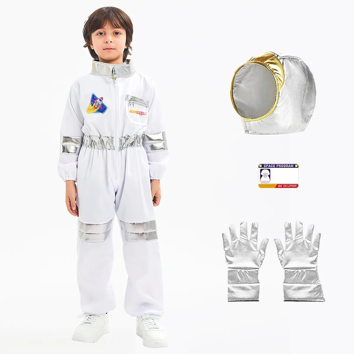 Kids' Astronaut Costume, NASA-Inspired Printed Rayon Spacesuit with Helmet & Gloves for Classic Halloween Cosplay, Space, Halloween Party, Linen, Helmet Visor, Printed Suits, Mission Patch