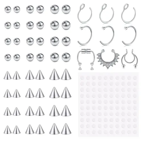 Fake Eyebrow Ring Fake Lip Labret Studs Replacement Balls Spike with 100pcs Sticker Non-Piercing Body Jewelry Fake Skin Piercing
