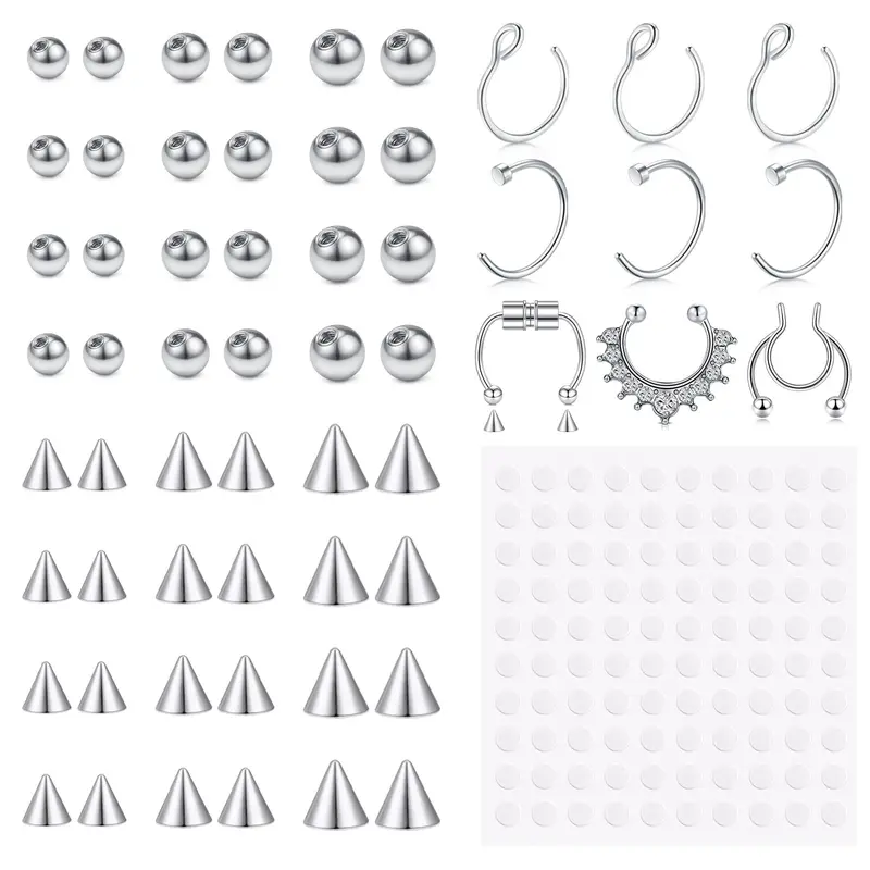 Fake Eyebrow Ring Fake Lip Labret Studs Replacement Balls Spike with 100pcs Sticker Non-Piercing Body Jewelry Fake Skin Piercing