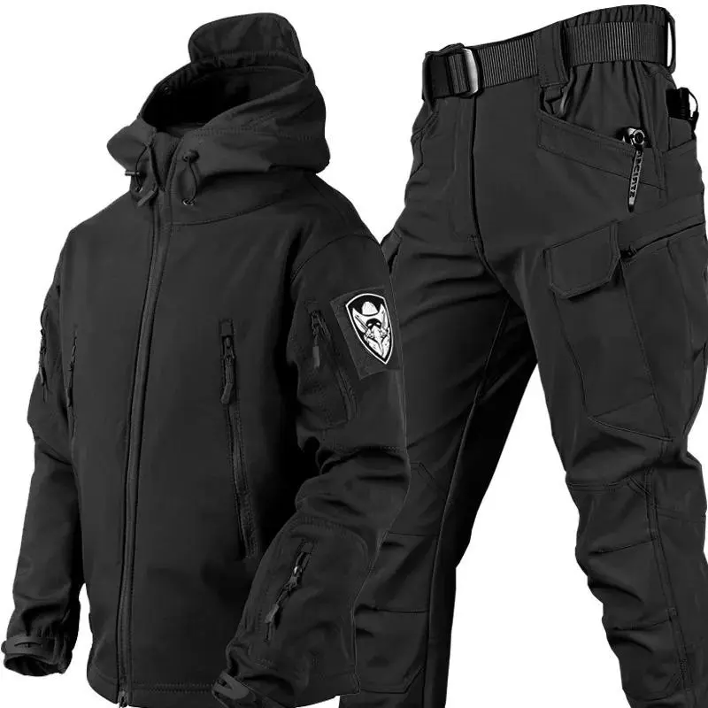Winter Men 2 Pcs Tactical Sets Outdoor Work Fleece Lined Waterproof Soft Shell Hooded Jacket With Multi pocket Cargo Pants Warm Durable For Cold Weather Work Outdoor Activities Daily Use