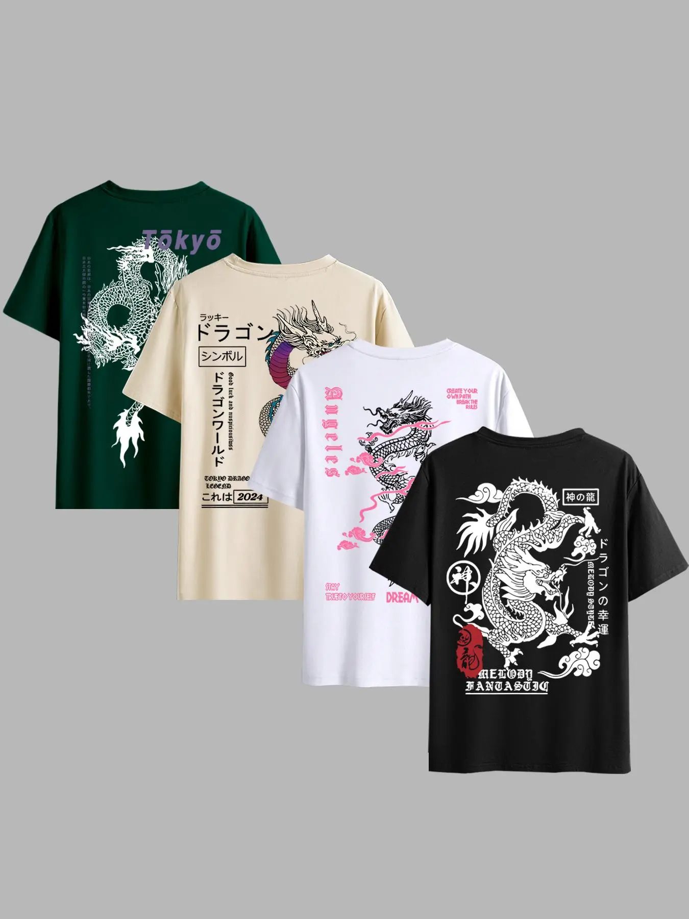 Men's Tokyo Dragon Print Casual Graphic Design Round Neck Short Sleeve T-Shirt Set, Menswear, Casual Classic Comfortable Summer Outdoor Wear, Soft Easy Care Fabric