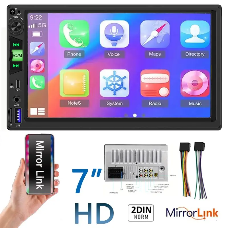 Car Stereo Head Unit 7 Inch Touch Screen with Mirror Link, AUX/FM-Transmitter, for All Vehicles,Easy Installation, 12-24V Power, Universal Portable Car MP5 Player, Car Video Player